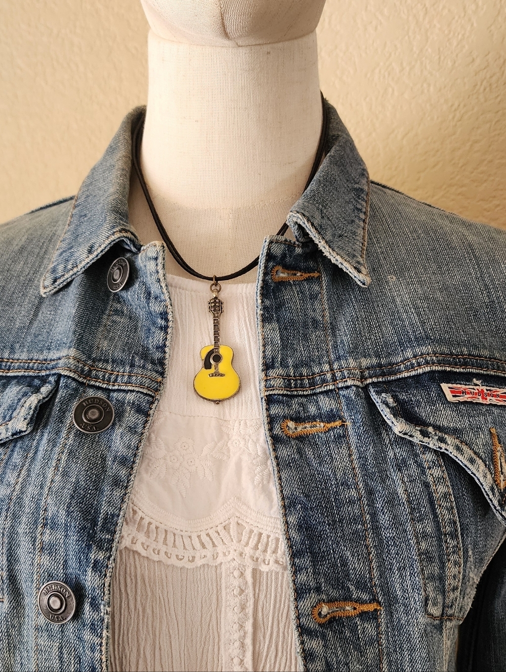 Yellow Guitar Pendant Necklace on Black Cord